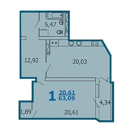 1 комнатная 63.09м²