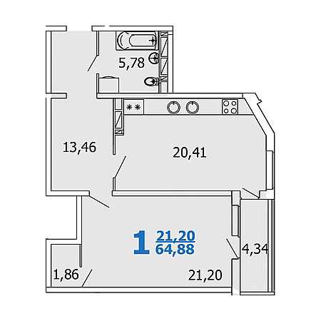 1 комнатная 64.88м²