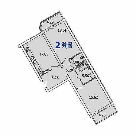 2 комнатная 77.43м²