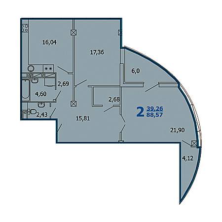 2 комнатная 88.57м²