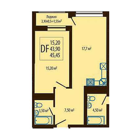 2 комнатная 45.45м²