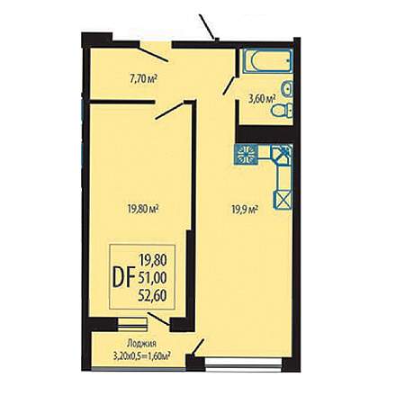 1 комнатная 52.6м²