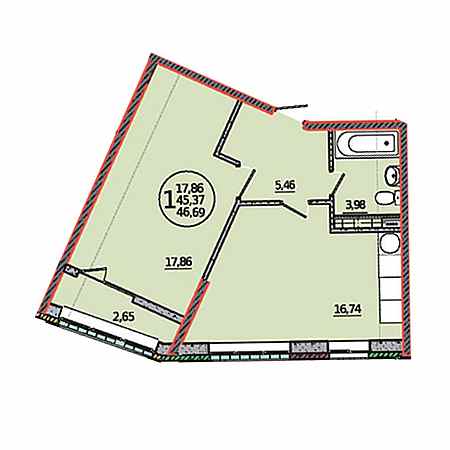 1 комнатная 46.69м²