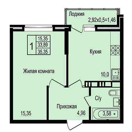 1 комнатная 35.35м²