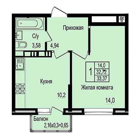 1 комнатная 33.37м²