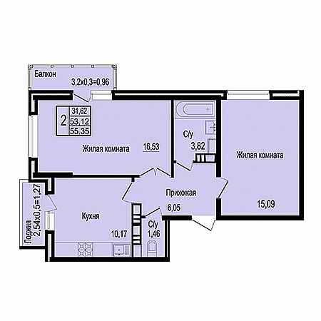 2 комнатная 55.35м²