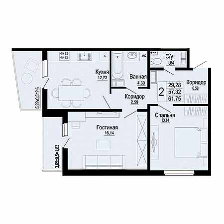 2 комнатная 61.75м²