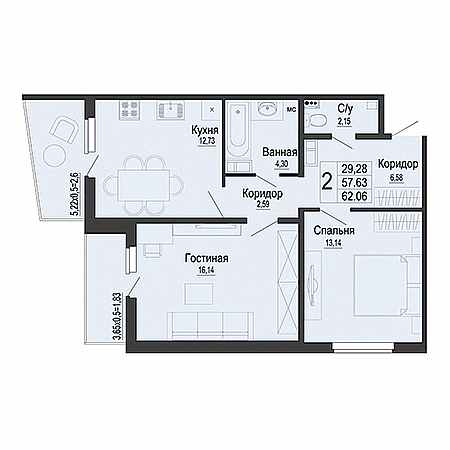 2 комнатная 62.06м²