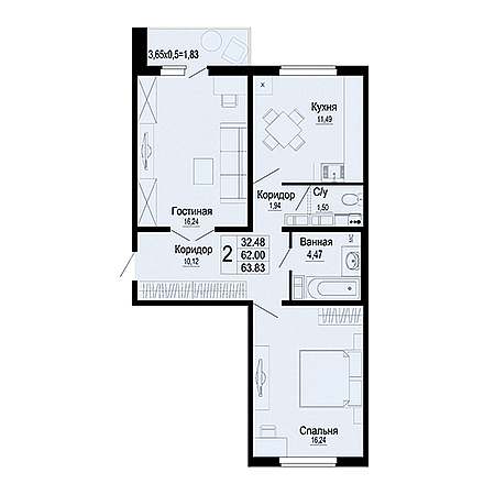 2 комнатная 63.83м²