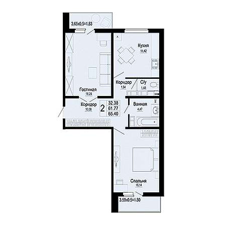 2 комнатная 65.4м²