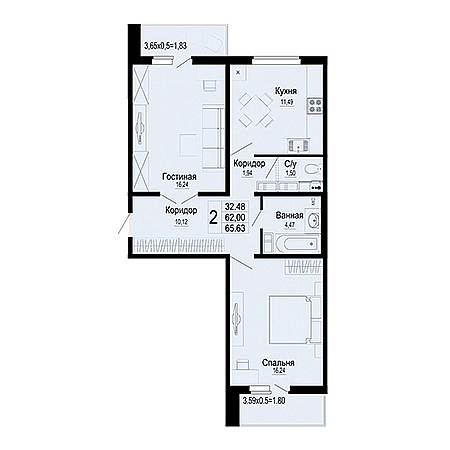 2 комнатная 65.63м²