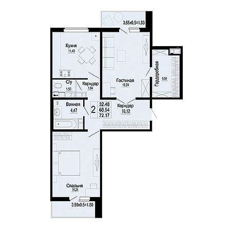 2 комнатная 72.17м²