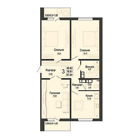 3 комнатная 81.64м²