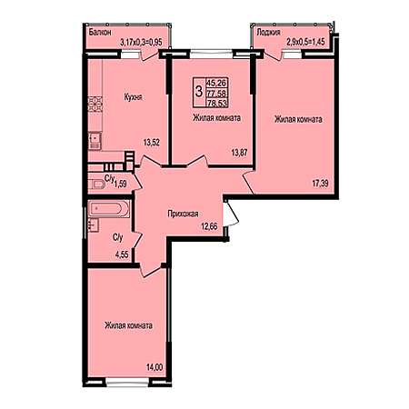 3 комнатная 78.53м²