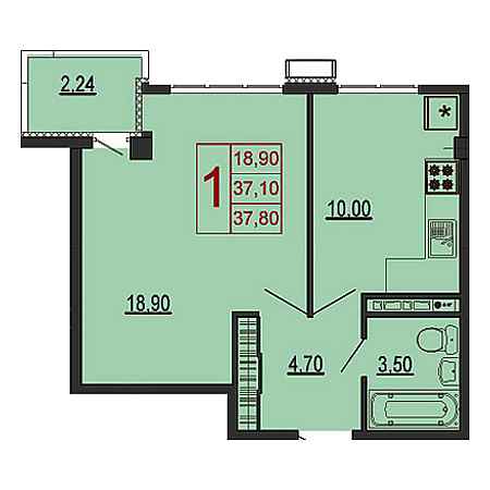 1 комнатная 37.8м²