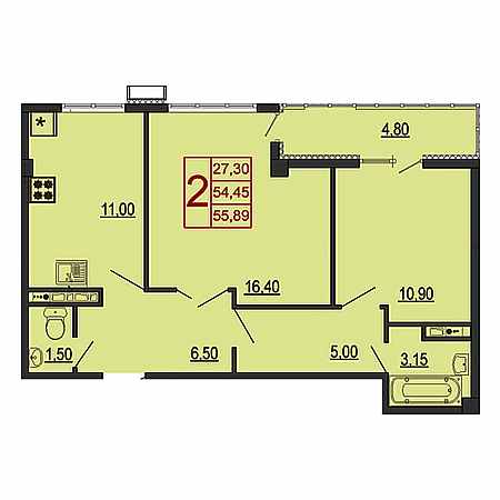 2 комнатная 55.89м²