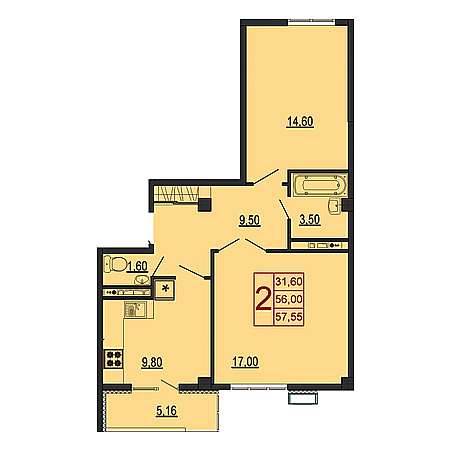 2 комнатная 57.55м²