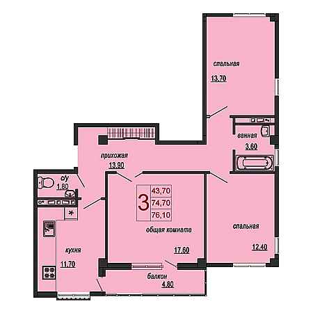 3 комнатная 76.1м²