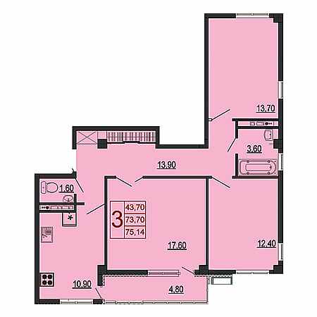 3 комнатная 75.14м²