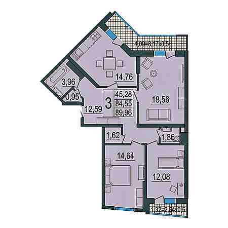 3 комнатная 89.96м²