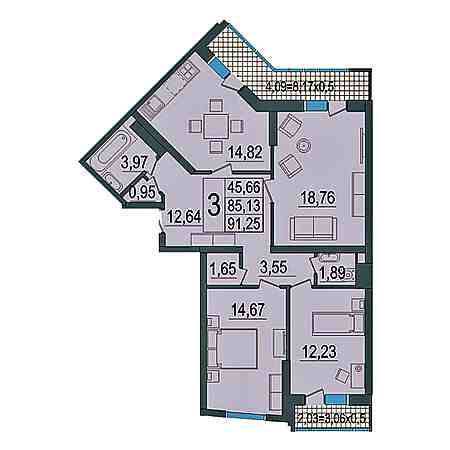 3 комнатная 91.25м²