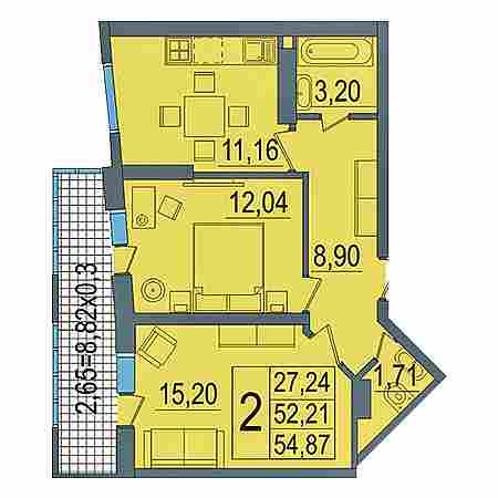 2 комнатная 54.87м²