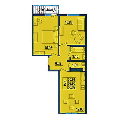 2 комнатная 55.62м²