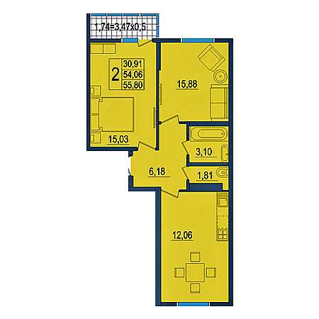 2 комнатная 55.8м²