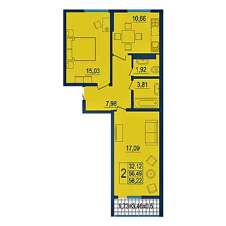 2 комнатная 58.22м²