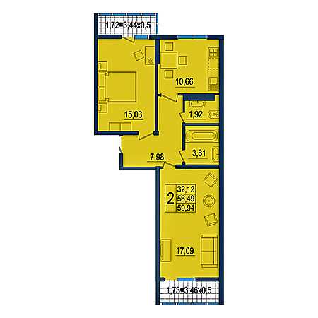 2 комнатная 59.94м²