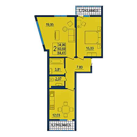 2 комнатная 64.41м²