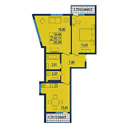 2 комнатная 65.56м²