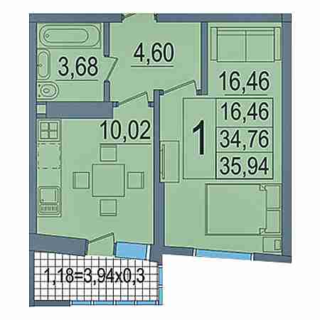 1 комнатная 35.94м²