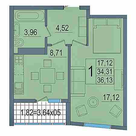 1 комнатная 36.13м²