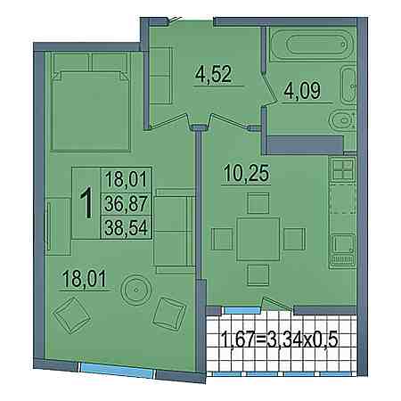 1 комнатная 38.54м²