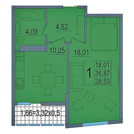 1 комнатная 38.53м²