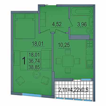 1 комнатная 38.85м²