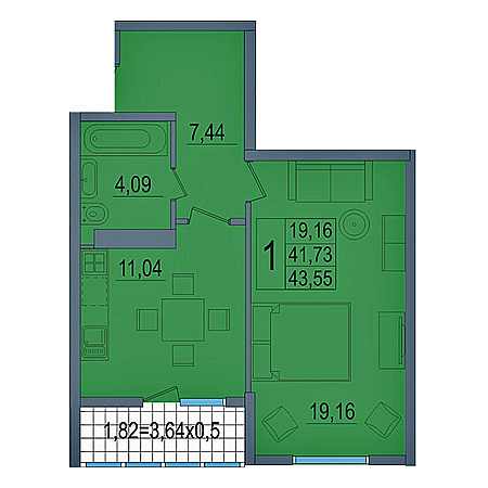 1 комнатная 43.55м²