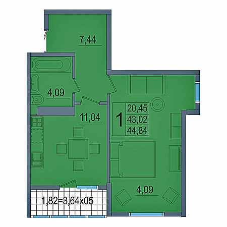 1 комнатная 44.84м²