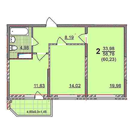 2 комнатная 60.23м²