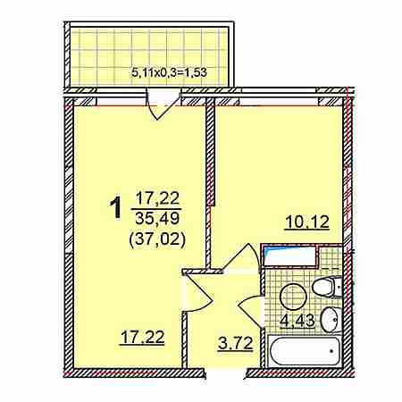 1 комнатная 37.02м²