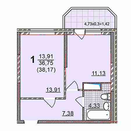 1 комнатная 38.17м²