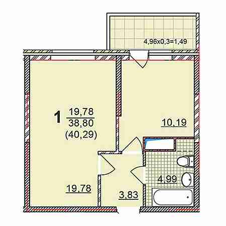 1 комнатная 40.29м²