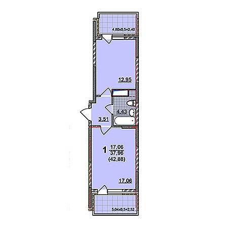 1 комнатная 42.88м²