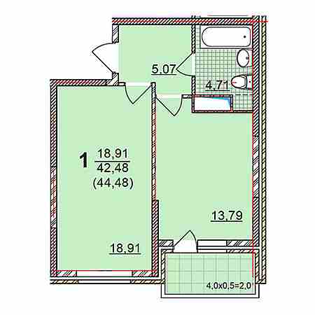 1 комнатная 44.48м²