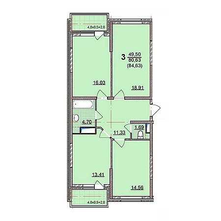 3 комнатная 80.63м²