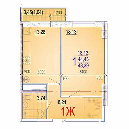 1 комнатная 43.36м²