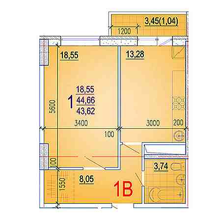 1 комнатная 43.62м²