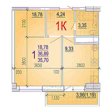 1 комнатная 35.7м²