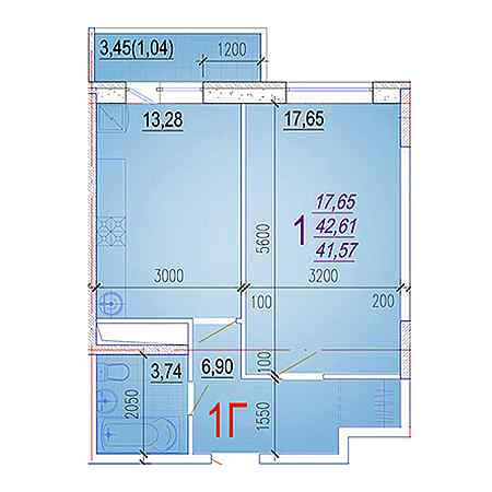 1 комнатная 41.57м²